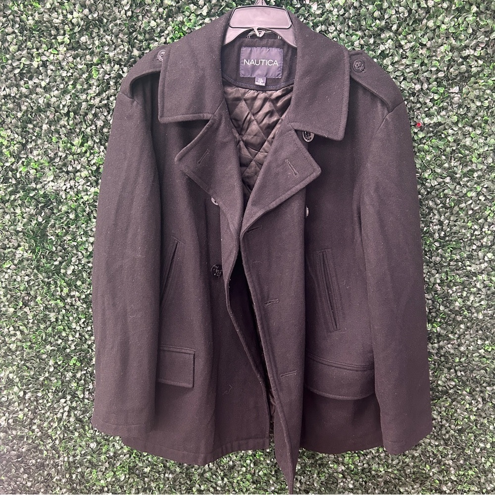 Nautica Men's Black Wool Blend Pea Coat Jacket Size XXL (missing button)